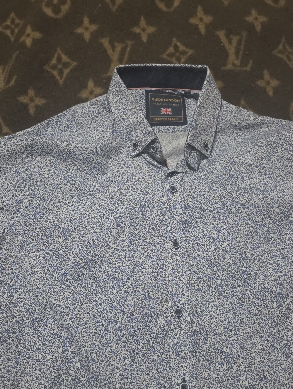 Guide London Navy Micro-Print Button-Down Short Sleeve Shirt